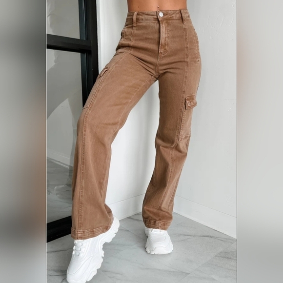 RISEN High Rise Wide Leg Cargo Jeans Cocoa Retro Vintage Style Regular Plus NEW - Picture 7 of 12